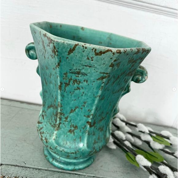 Vintage Rumrill 635 Vase Scrolls Green Teal Mottled Brown 1930s Art Deco Pottery - Picture 4 of 9